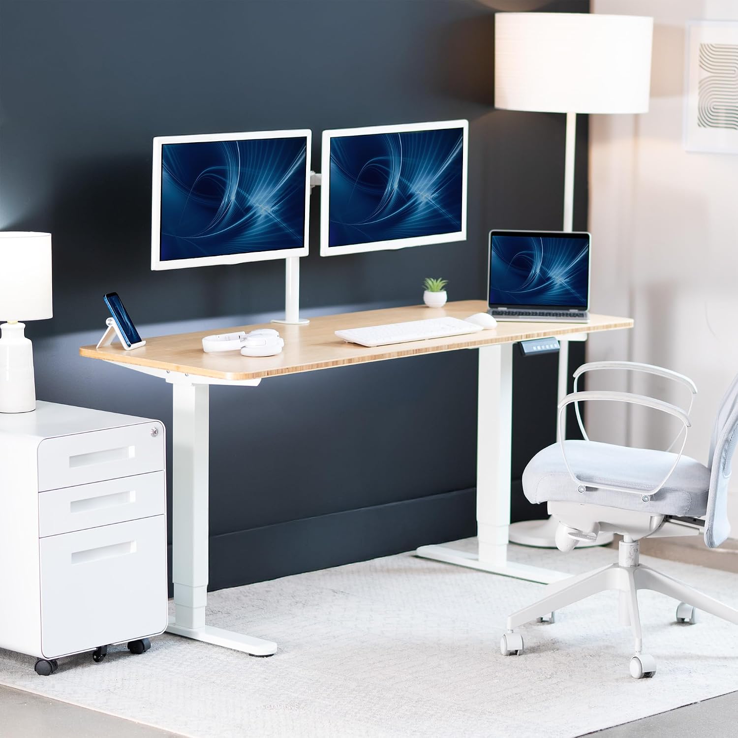 VIVO Electric 60 x 24 in Dual Motor Sit Stand Desk, Memory Height Adjustment, 2B Series, Bamboo Top White Frame, DESK-KIT-2W6O