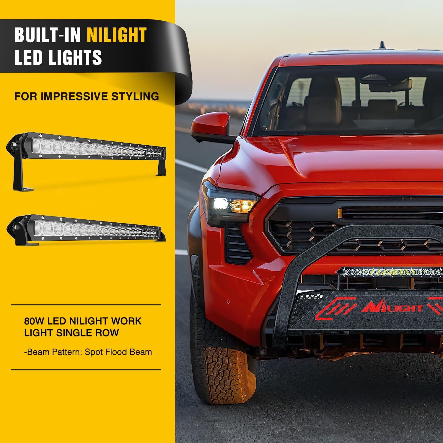 Nilight Bull Bar with Light Bar&License Plate Hole Compatible with Toyota Tacoma 2024 2025 2026 Truck Brush Guard, Front Bumper Push Bar w/Grille Skid Plate Light Mount