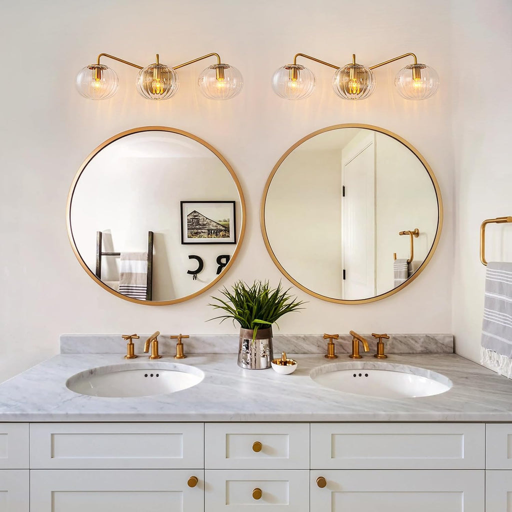 Lingkai Bathroom Light Fixtures,3 Lights Brushed Brass Vanity Light,Modern Wall Sconce with Clear Striped Glass Shade,Bathroom Vanity Lights Over Mirror for Hallway Picture Wall Lighting Living