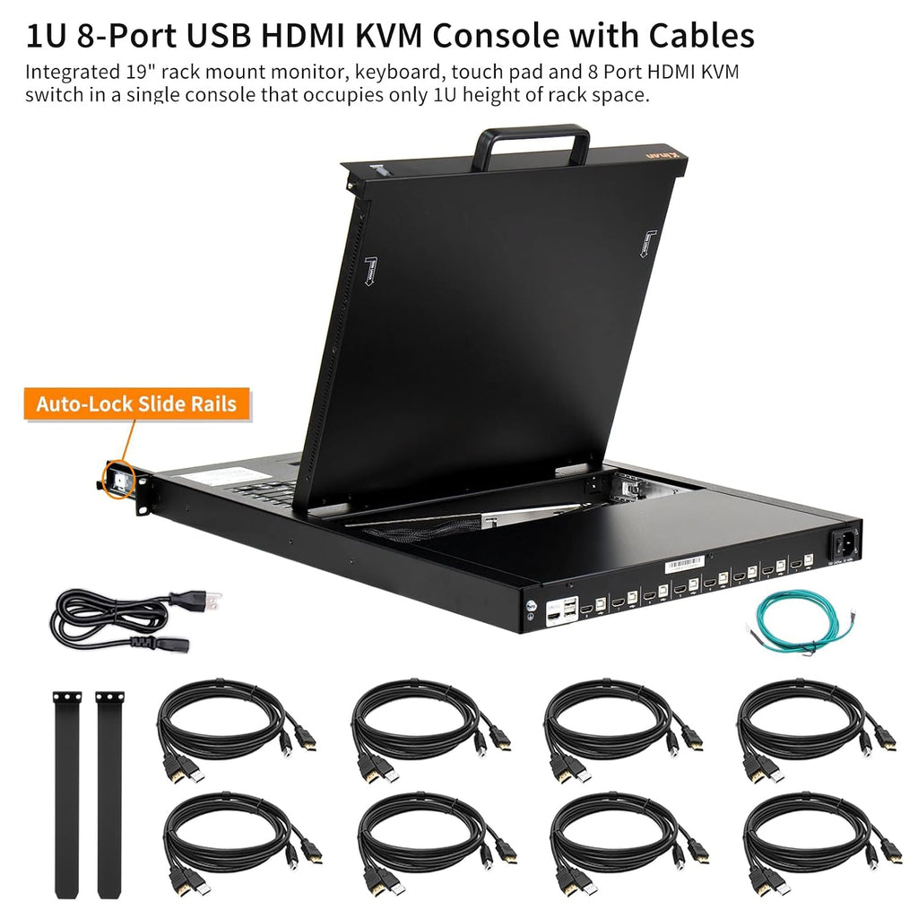 1U Rack Mount KVM Console Built-in 8 Port HDMI KVM Switch, 19' Rackmount Monitor, Keyboard and Touchpad, OSD/Hotkey/Button Switching,1280X1024@60Hz, 5:4 Aspect Ratio, Incl. KVM Cable and Ground Wire