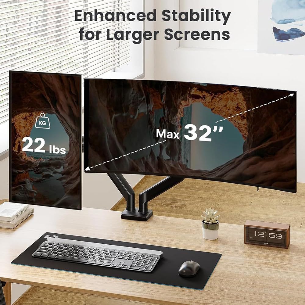 Adjustable Dual-Screen Monitor Stand,13-32 Inch Screen,Pneumatic Spring,360° Rotation,2 Installation Method,Vesa Mount,22lbs Load Capacity,Flexible Adjustment,Black