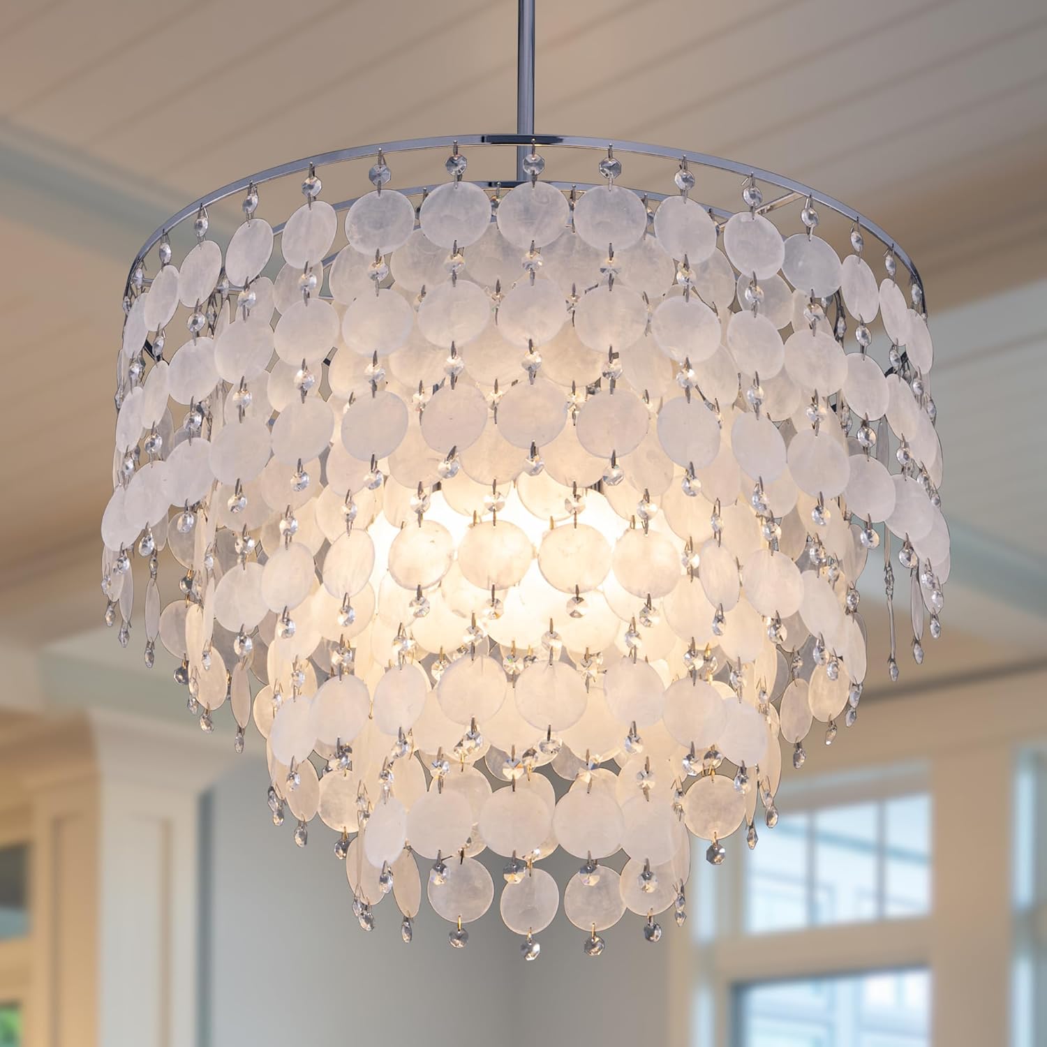 TOCHIC Modern Capiz Shell Crystal Chandelier 6-Light Chrome Coastal Chandelier for Living Dining Room Bedroom Nuture Seashell Boho Semi Flush Mount Ceiling Light Fixture for Kitchen Island Foyer