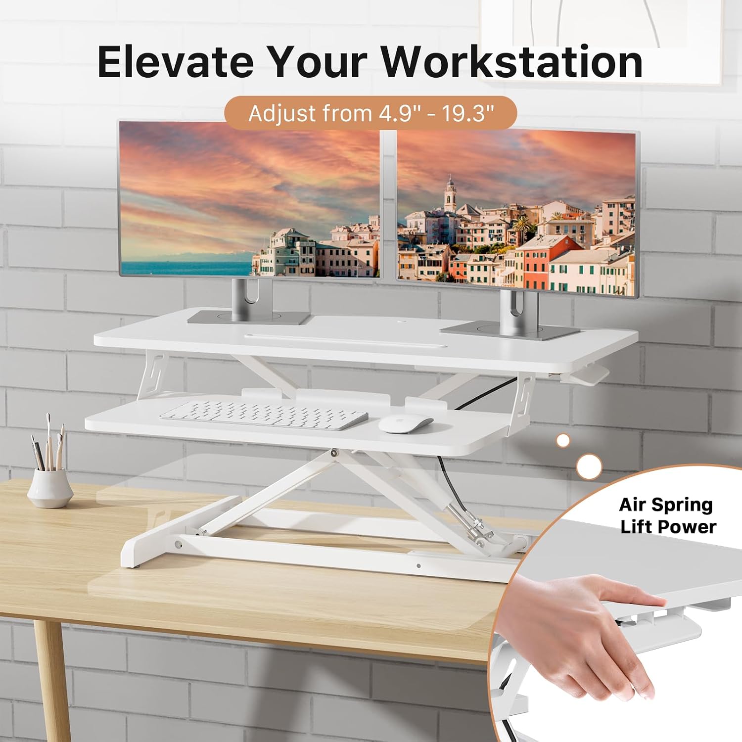 JOY worker Standing Desk Converter, 32' Wide Height Adjustable Sit Stand Up Desk Riser with Keyboard Tray, Desktop Workstation Riser for Home Office Computer Laptop, Particle Board, White