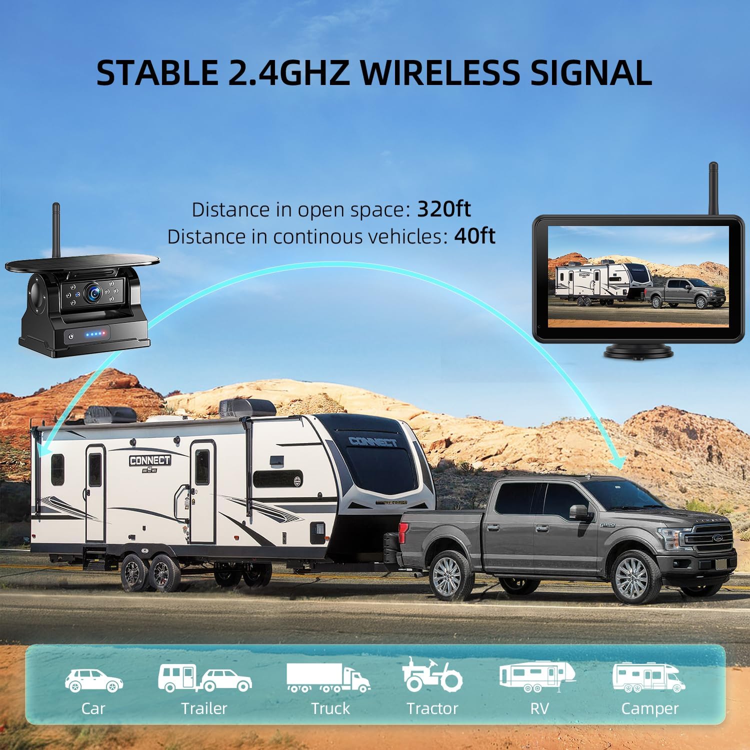 eRapta Magnetic Solar Wireless Backup Camera: HD1080P 7' Touchscreen Portable with DVR, BSD, 1-Min Install-Free IR Night Vision Hitch Backup Camera for Trailer/Truck/Small RV/Camper/Tractor-AWTCM701