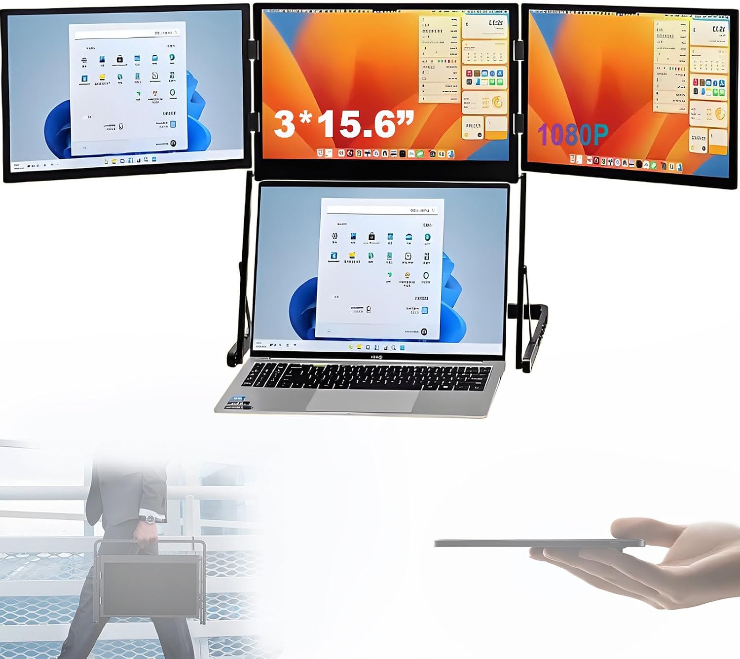 Laptop Screen Extender - 15.6' Ultra-Thin Triple Portable Monitor 1080P FHD IPS Attachment Screen Tri-Screen Travel Monitor Extender with 360° Rotation, External Monitor for Windows/Mac