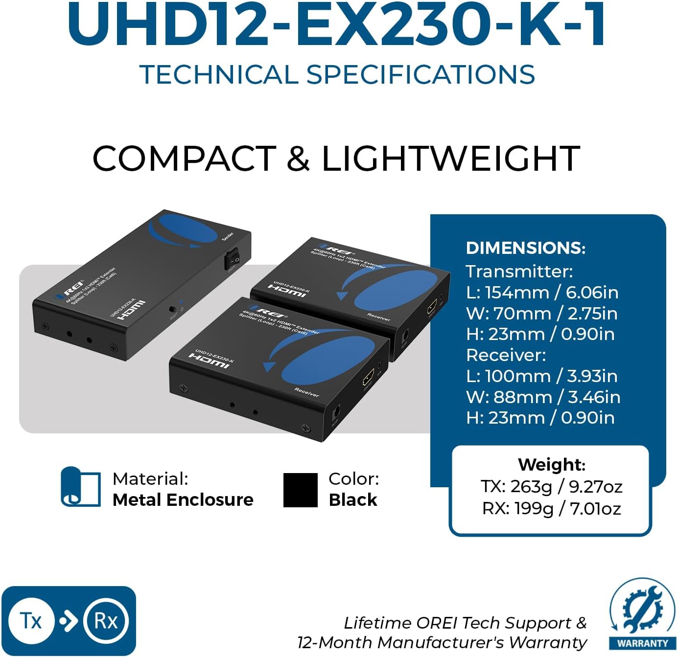 OREI HDMI 1×2 Splitter & Extender Over Ethernet – 4K@60Hz 4:4:4 HDCP 2.2 – Single CAT6/7 Cable up to 230 ft – EDID Management, IR Control, Loop-Out & Low Latency
