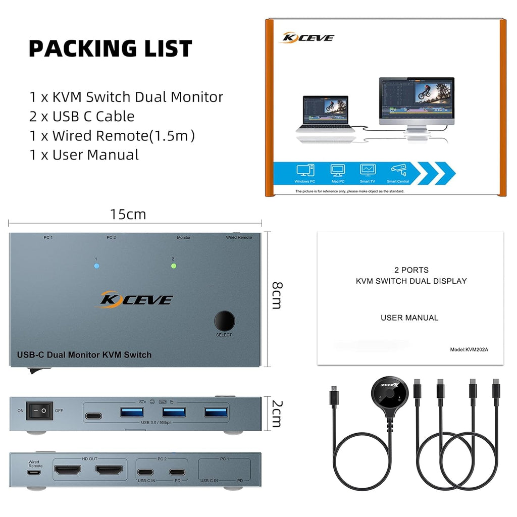 KCEVE KVM Switch 2 Monitors 2 Laptops USB C, KVM Switch Dual Monitor HDMI 4K@60Hz for 2 Laptops Share 4 USB 3.0 Devices with 80W PD, with 2 USB-C Cables and Wired Remote