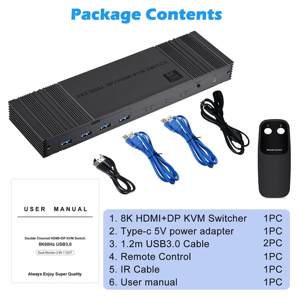10pcs 8K Displayport HDMI KVM Switch 2x2 2 Monitors 2 Computers USB 3.0 Dual Monitor HDMI+DP KVM Switch with IR Controller