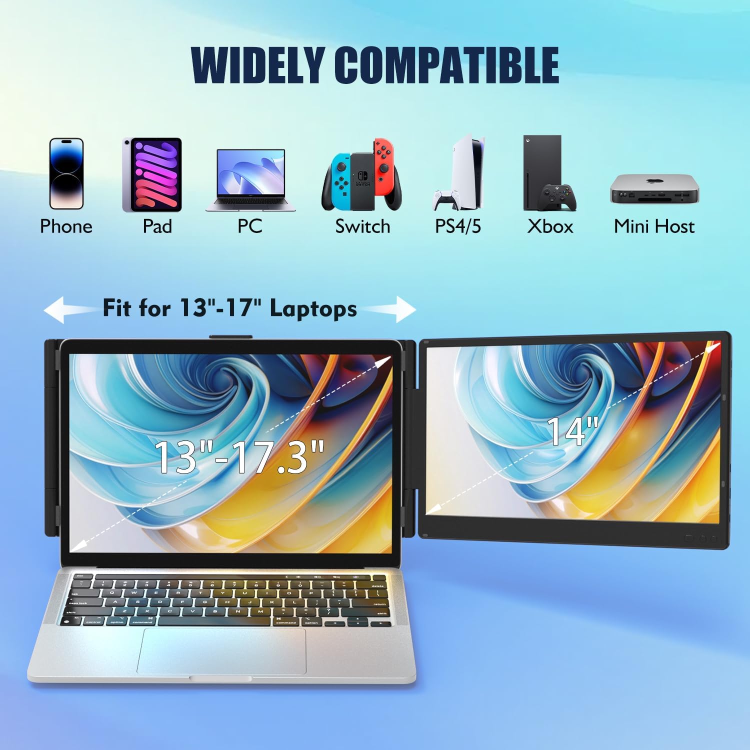 14' 1080P FHD IPS Dual Screen Extender, Laptop Monitor Extender for Office & 0.17' Ultra-Thin 2.2 LBS Lightest Triple Laptop Screen Extender, 14' 1080P FHD Portable Monitor for Laptops 13-17.3'