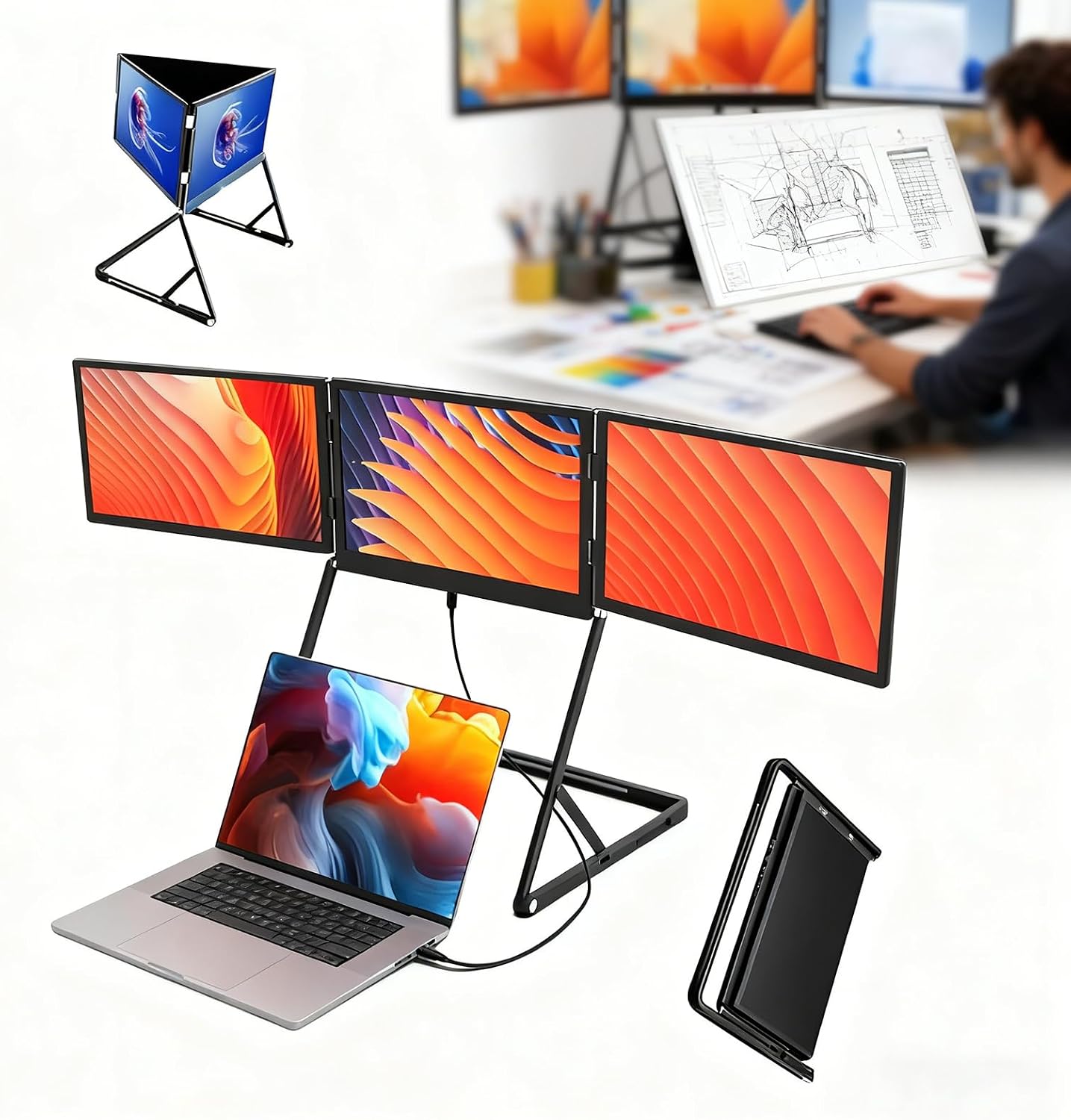 Laptop Screen Extender, 15.6' FHD 1080P IPS Foldable Triple Monitor, HDMI/USB-C N Play, 12-18.5in Laptop Compatible, Windows/Mac/Android.