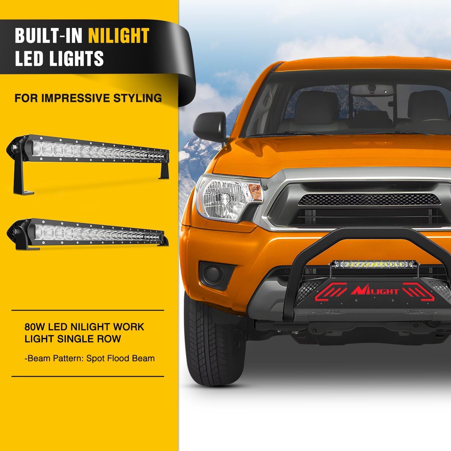 Nilight Bull Bar with Light Bar&License Plate Hole Compatible with Toyota Tacoma 2005-2015 Truck Brush Guard, Front Bumper Push Bar w/Grille Skid Plate Light Mount