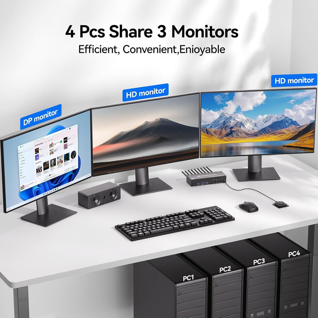 KVM Switch 3 Monitors 4 Computers with Audio, HDMI + DisplayPort 8K@30Hz/4k@144Hz DP KVM Switcher, USB 3.0 KVM Switches for 4 PC Share 3 Display, Suitable for Office/Work from Home, Programmer Setup