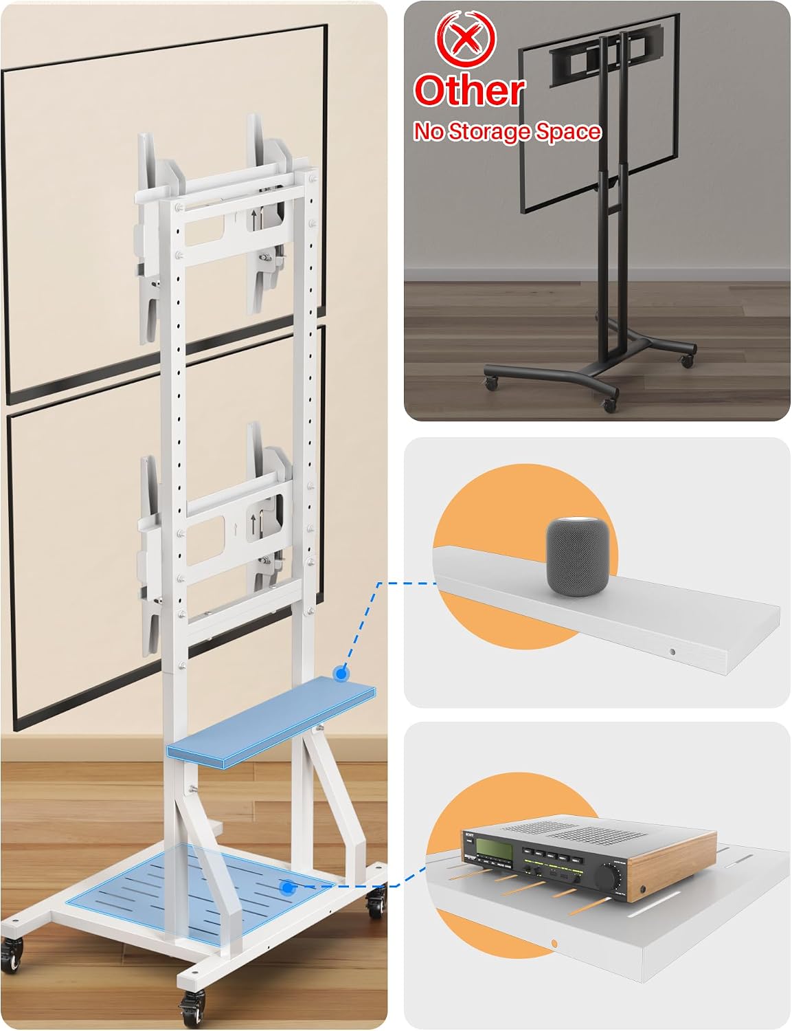 KAMIWI Double-Screen TV Stand,Mobile TV Cart for 2 TVs with Table and Storage Space,Tilt Rolling TV Stand with Locking Wheels, Max VESA 600x400,Hold up to 132 lbs