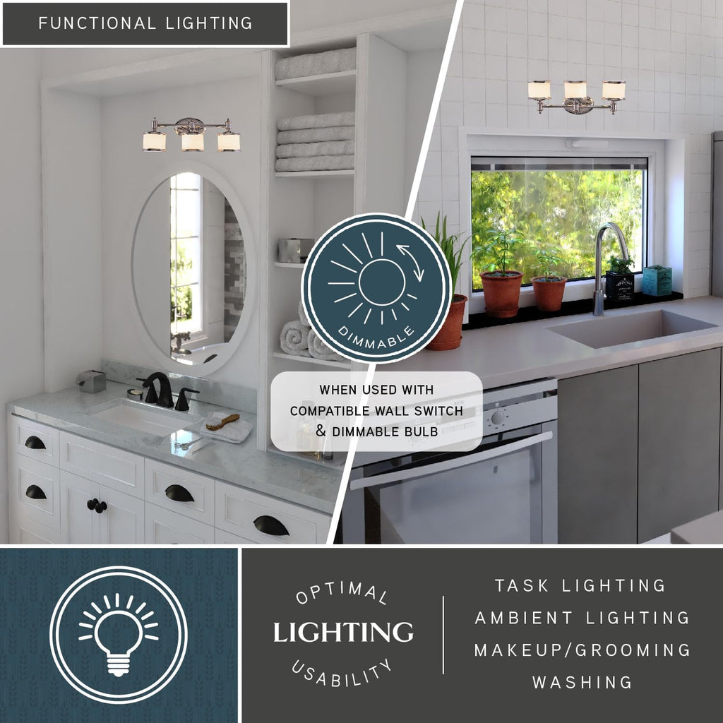 VAXCEL Carlisle 3-Light 22.25 inch Wide Chrome Transitional Bathroom Vanity Lighting Fixture, White Frosted Opal Glass Shade, Dimmable, LED Compatible, Reversible Over The Mirror Mounted Wall Sconce