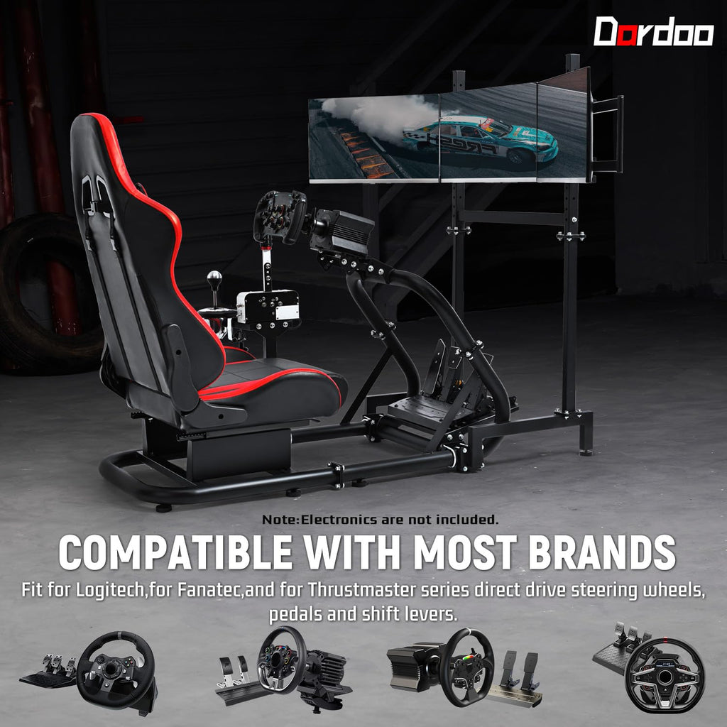 Dardoo Racing Simulator Cockpit with Triple Monitor Stand and Red Seat Fit for Logitech/Thrustmaster/Fanatec T500RS TX G29 G920 G923 CSL-DD, No Steering Wheel,Pedal,Handbrake