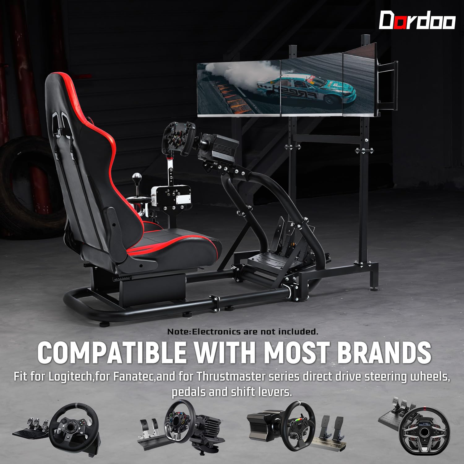 Dardoo Racing Simulator Cockpit with Triple Monitor Stand and Red Seat Fit for Logitech/Thrustmaster/Fanatec T500RS TX G29 G920 G923 CSL-DD, No Steering Wheel,Pedal,Handbrake