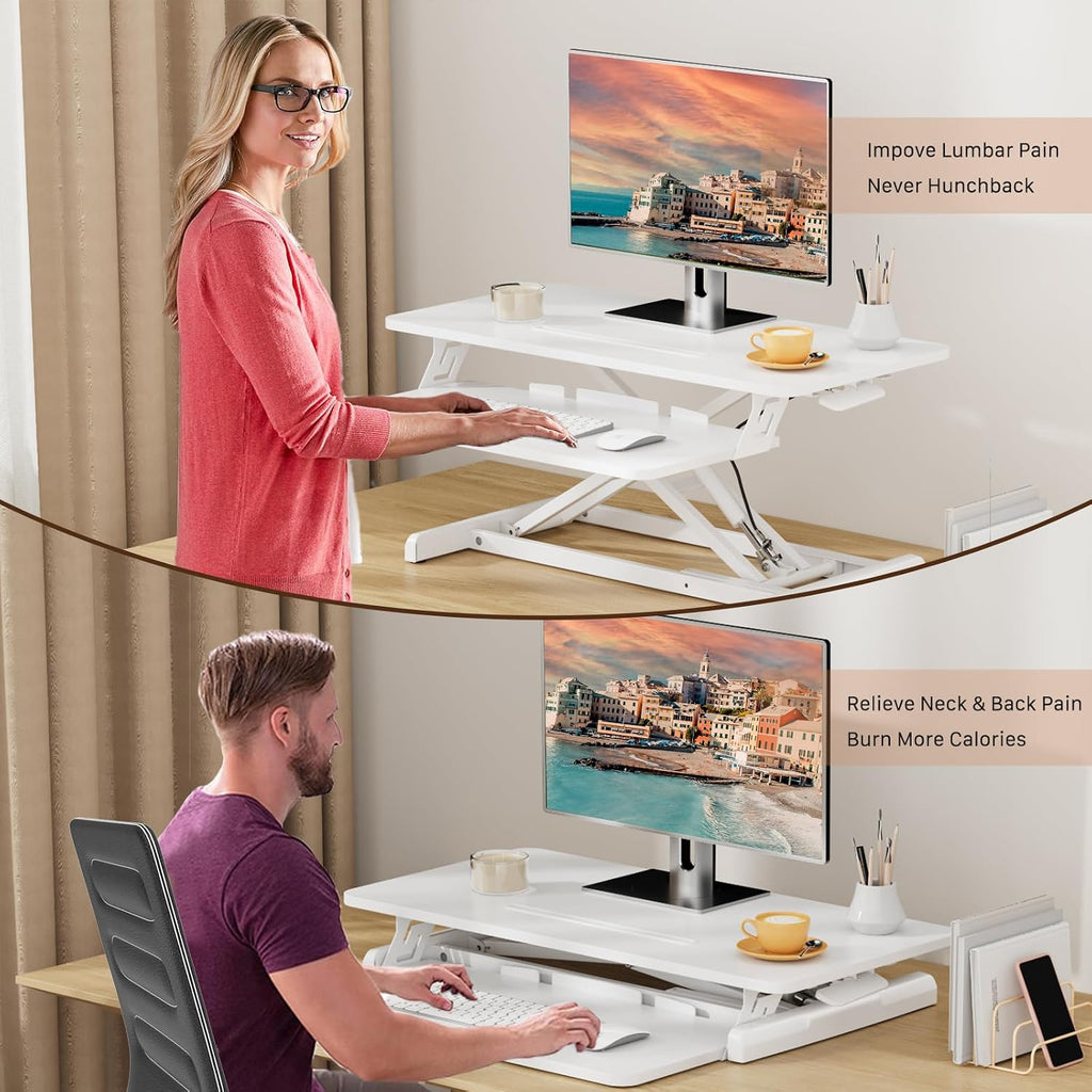 JOY worker Standing Desk Converter, 32' Wide Height Adjustable Sit Stand Up Desk Riser with Keyboard Tray, Desktop Workstation Riser for Home Office Computer Laptop, Particle Board, White