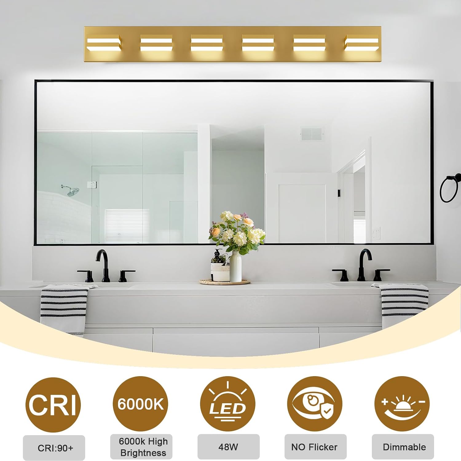 IZORRO LED Modern Bathroom Lights Fixtures(6-Light,Dimmable,360°Rotate),Brushed Glod Acrylic Wall Lighting,Vanity Lights for Bathroom Over Mirror - 6000k 36In （No Assembly Required）