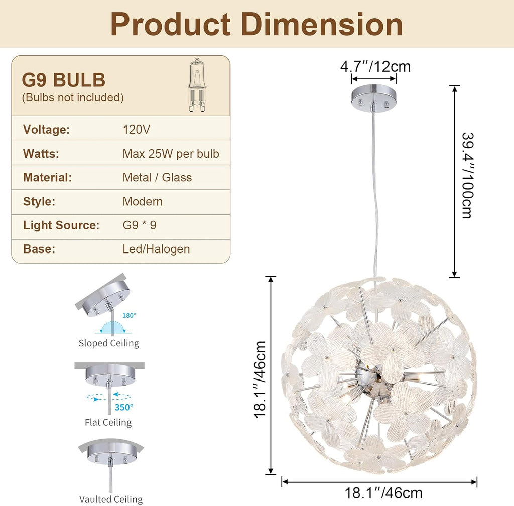 Modern Flower Chandelier Spherical Glass Pendant Light Fixture Height Adjustable Hanging Lamp Semi Flush Mount Ceiling 9 Light for Dining Room, Living Room, Bedroom, Hallway, Kitchen, Foyer