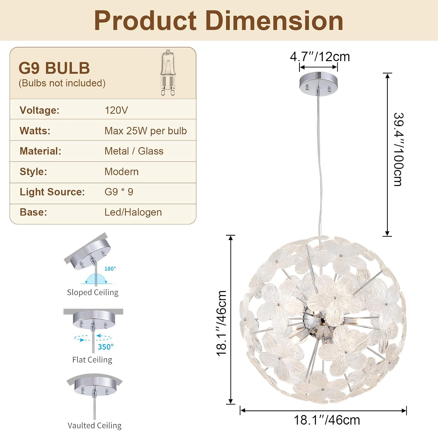 Modern Flower Chandelier Spherical Glass Pendant Light Fixture Height Adjustable Hanging Lamp Semi Flush Mount Ceiling 9 Light for Dining Room, Living Room, Bedroom, Hallway, Kitchen, Foyer
