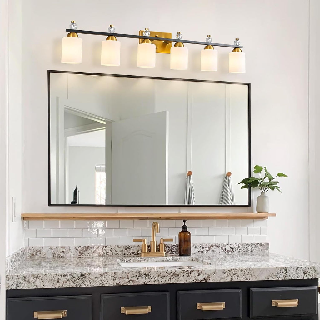 White Glass Bathroom Vanity Light Fixtures 6 Light Mid Century Black Gold Vanity Light Over Mirror Modern Vanity Lights for Bathroom Mirror Hallway E26 Socket (Bulbs Not Included)