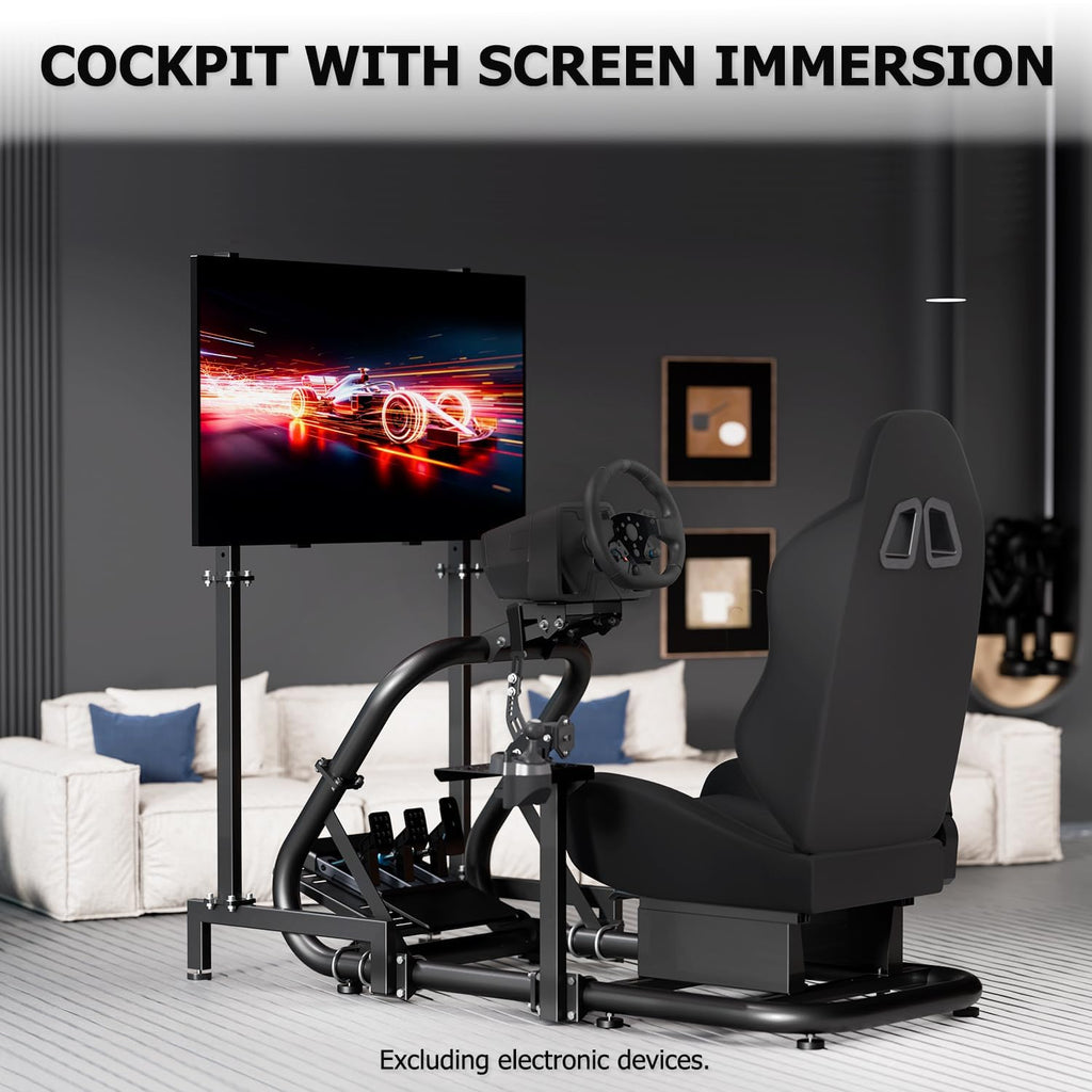 Supllueer Racing Sim Cockpit with Ergonomic Seat Fit for Logitech G27 G923 G920, for Fanatec, for Thrustmaster, 50mm Large Round Tube Driving Simulator Stand, No Steering Wheel Shift Pedal TV