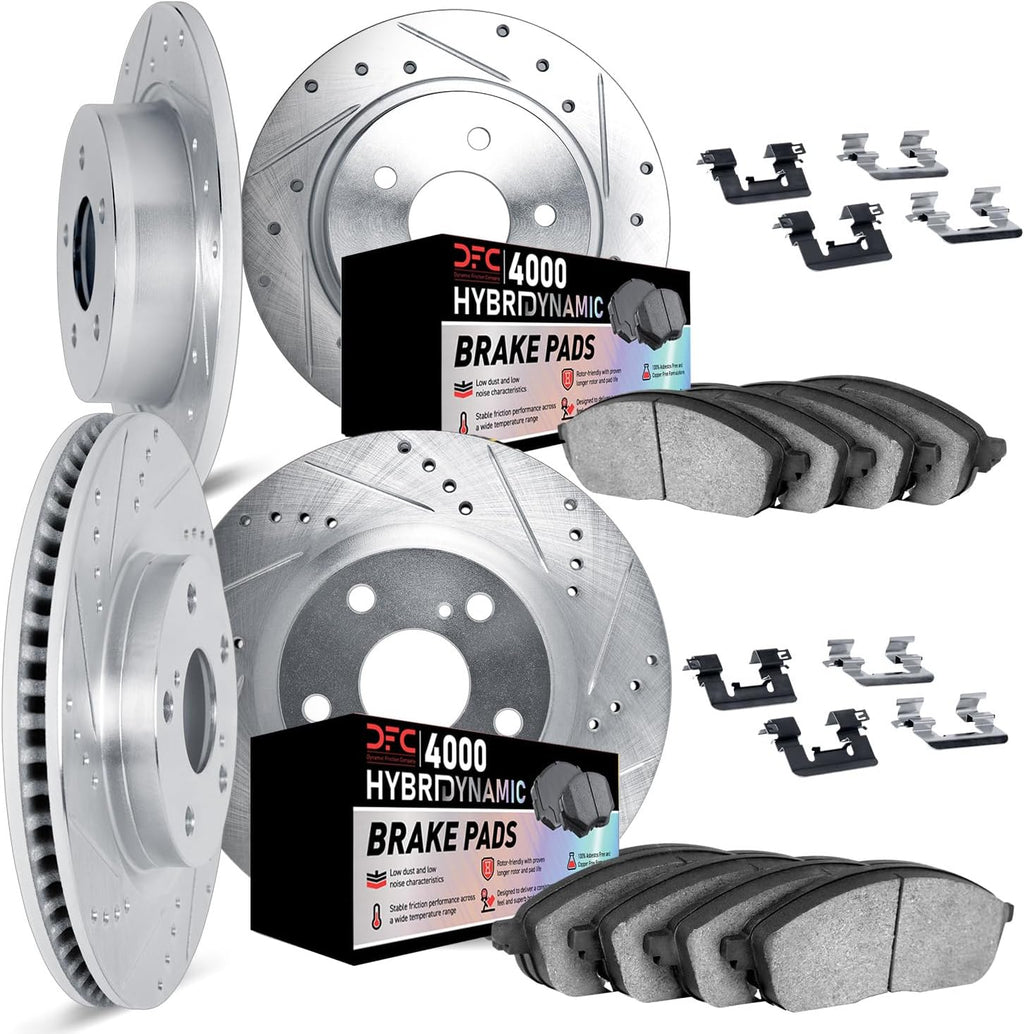 Dynamic Friction Company Front and Rear Brake Kit Fits 2007-2010 Acura CSX; 2006-2011 Honda Civic| 4000 HybriDynamic Pads, Drilled Slotted Rotors| Hardware| 11.8' Front & 10.2' Rear