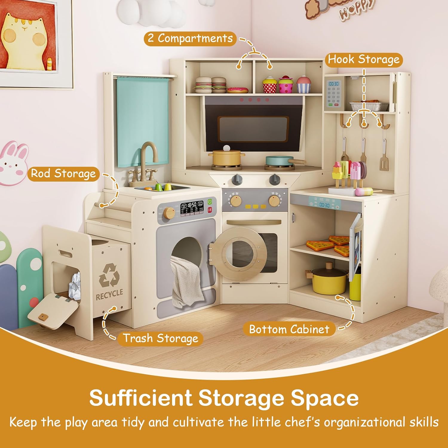 GLACER Corner Wooden Play Kitchen with Real Lights & Sounds, Pretend Kids Kitchen Playset with Trash Bin, Accessories, Dishwasher, Microwave Oven, Cooking Play Set for Toddlers Ages 3+ (Off White)