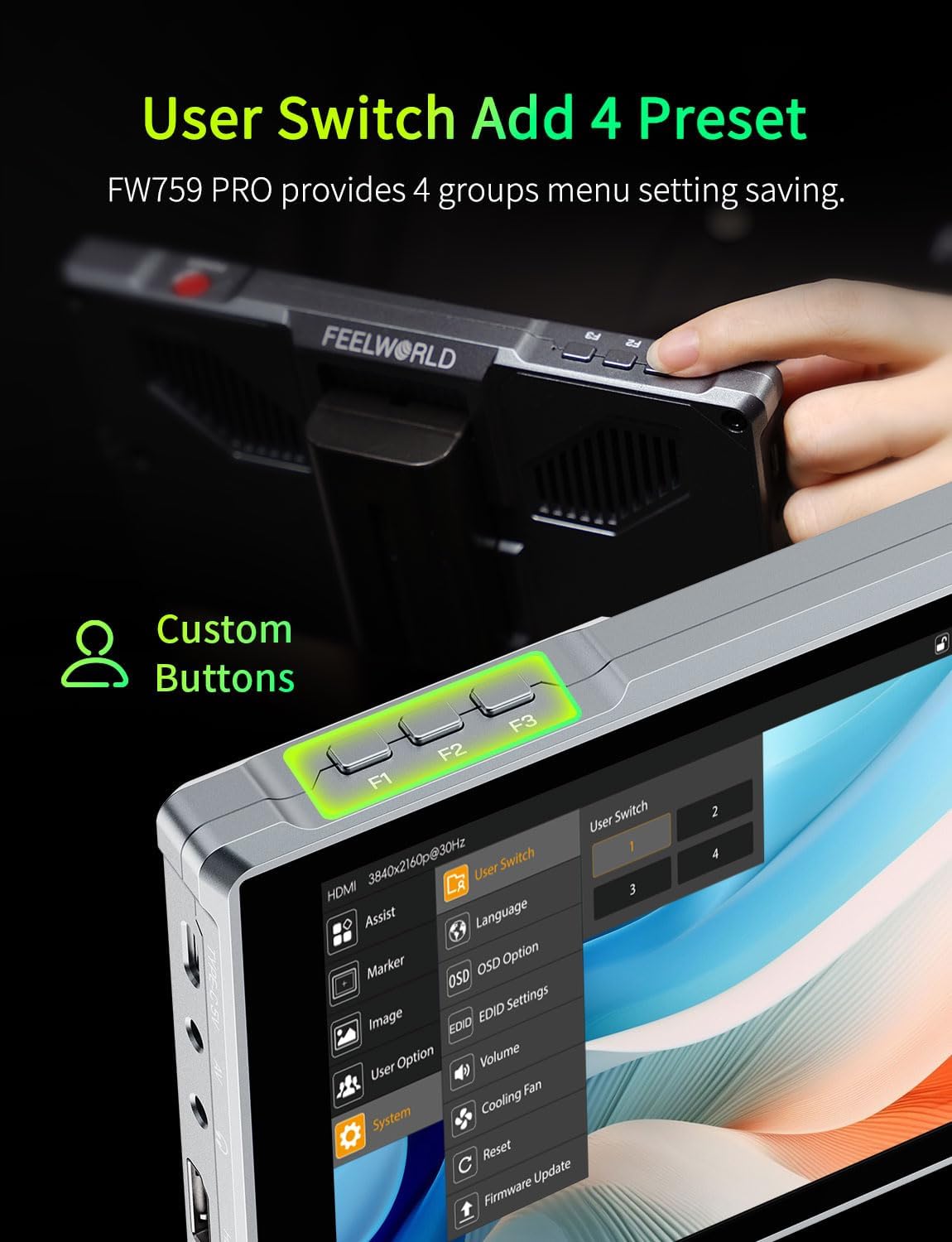 FEELWORLD FW759PRO 7 Inch Touchscreen Camera Monitor 4K HDMI Video Field Monitor with F550 Battery for DSLR 400nit HD 1280x800 Waveform Monitoring