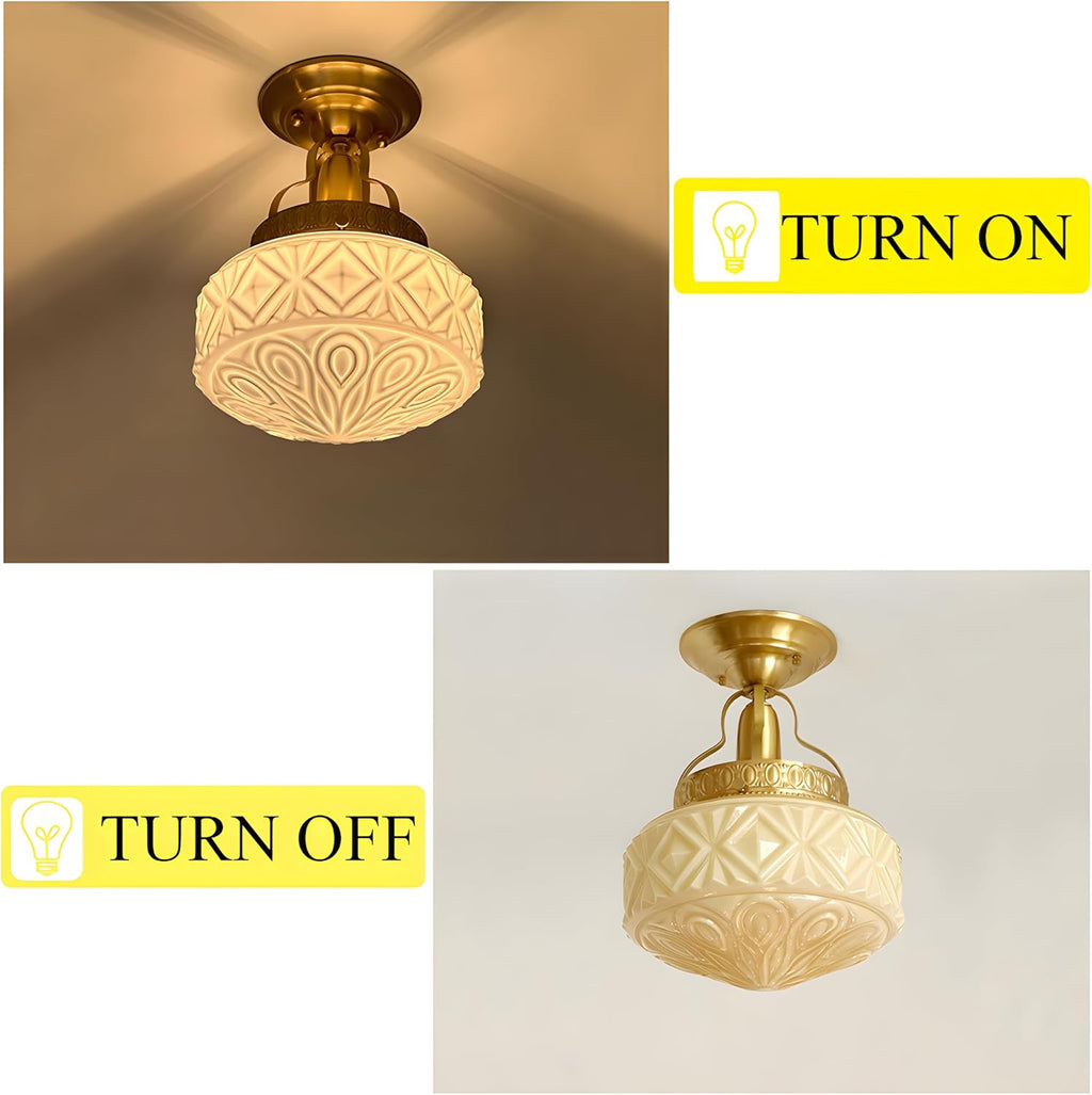Bofea-Gold Semi Flush Mount Ceiling Light,Brass Light Fixture,Vintage Milk Yellow Glass Flush Mount Ceiling Lights,Hallway Light Fixtures,Mid Century Chandelier for Foyer Bedroom Bathroom