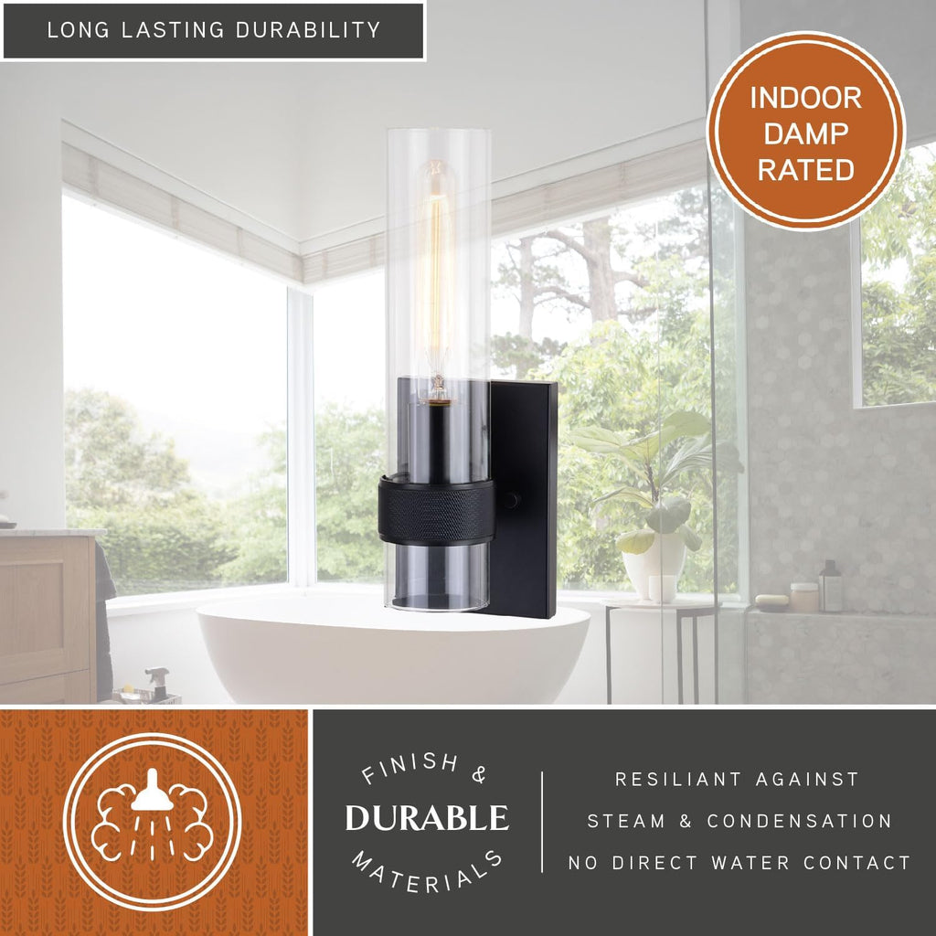 VAXCEL Bari 1 Light Matte Black Contemporary Wall Sconce with Clear Cylinder Glass