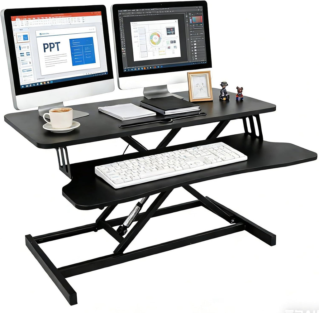 Standing Desk Converter, Height Adjustable Sit to Stand Riser, Dual Monitor and Laptop Workstation with Wide Keyboard Tray, Desk Lifter for Home Office