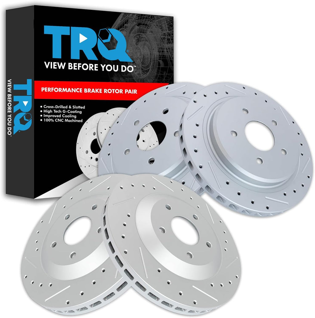 TRQ Performance Front Rear Brake Rotor Set G Coated Vented Drilled Slotted Compatible with 1997-2004 Chevrolet Corvette 2004 2004-2009 Cadillac XLR