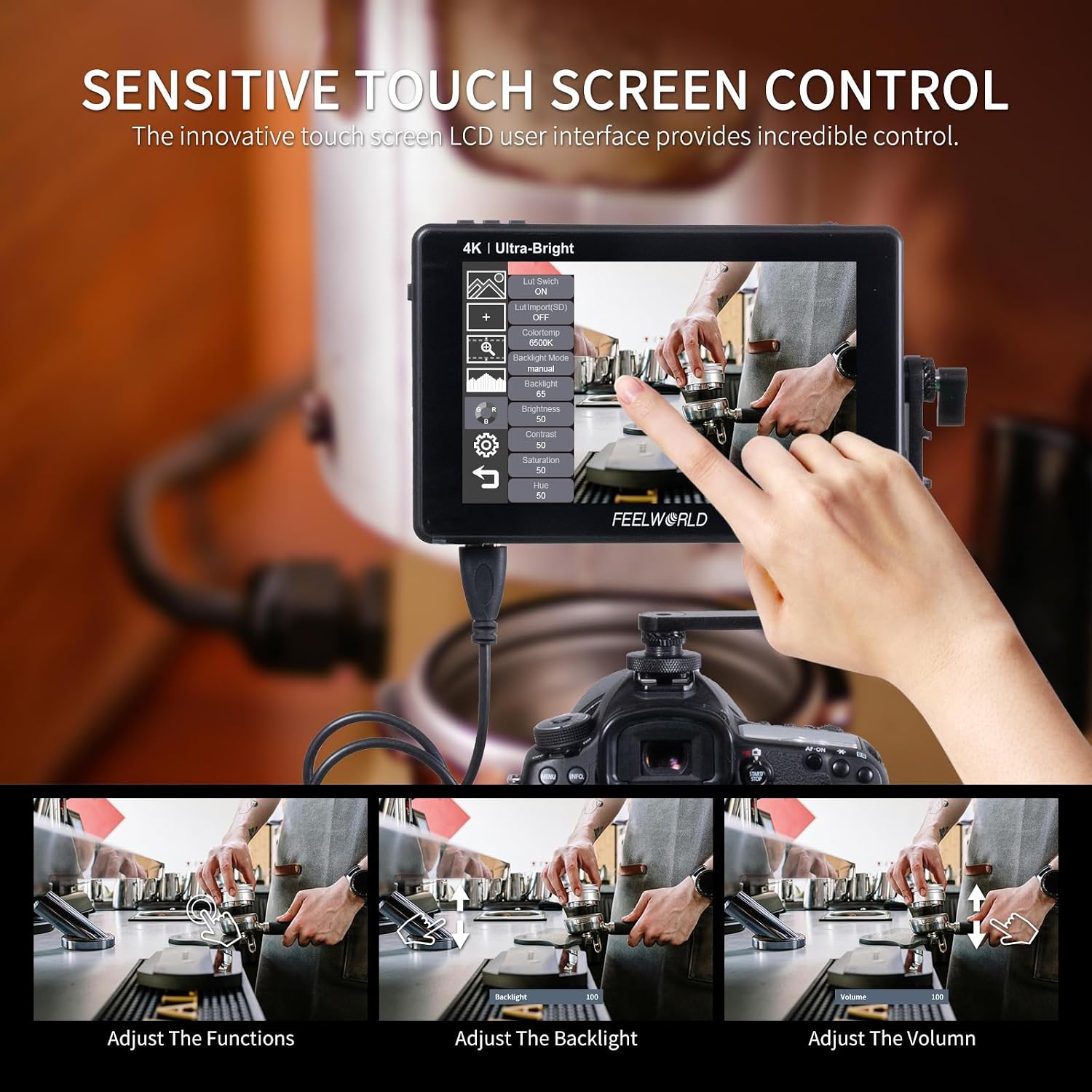FEELWORLD LUT7 7' 2200nit 1920x1200 FHD IPS Touchscreen Camera DSLR Field Monitor with 3D LUT Waveform HDR 4K HDMI in Out, F750 Battery and Carry Case, ‌Auto Bright Adjustment for Outdoor