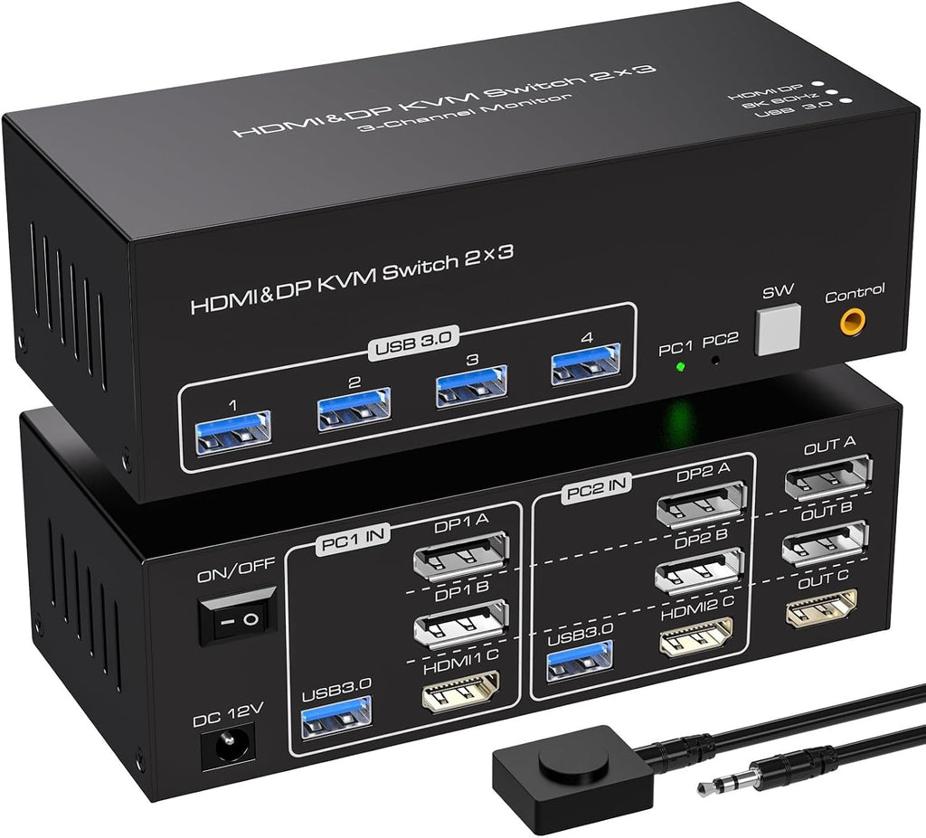 8K Triple Monitor KVM Switch HDMI & Displayport & USB 3.0 KVM Switch for 2 PC Share 1 Set of Keyboard Mouse Printer Hard Disk(DP HDMI KVM Switch,with Au Plug)