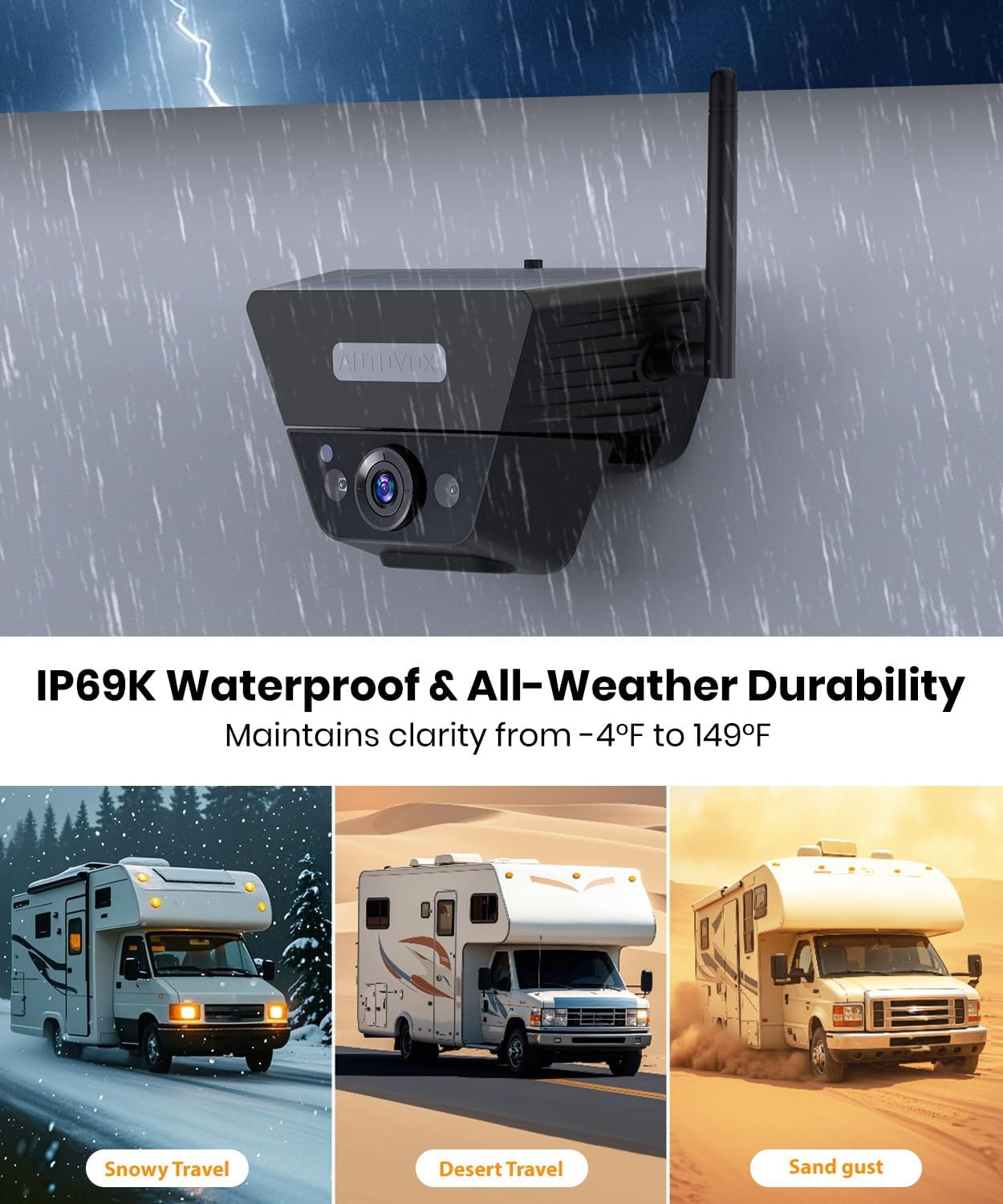 AUTO VOX Wireless Backup Camera Solar Magnetic: with 7.2' DVR 1080P 2 Split Recording Monitor, Dual Antenna Stable Signal,IP69K & 1-Min Install,HD IR Night Vision for Truck, Trailer, RV, Camper