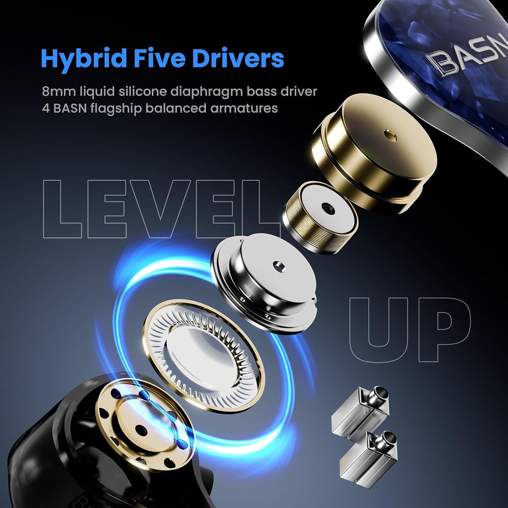 BASN Bmaster5 in Ear Monitors, 5 Drivers HiFi Drummer Stage Headphones, Professional IEM Earphones with MMCX Sliver-Plated OFC Cable & Portable Case for Musicians (Abyssal Blue, 3.5&4.4mm)