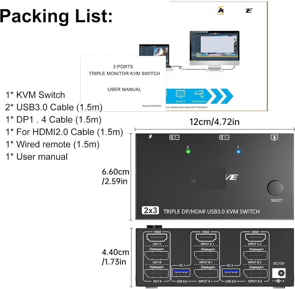 USB 3.0 KVM Switcher 2 Input 3 Output 3 Monitors 2 Computers Switch Support 8K@30Hz 4K@144Hz USB 3.0 Displayport for 2 PC Share