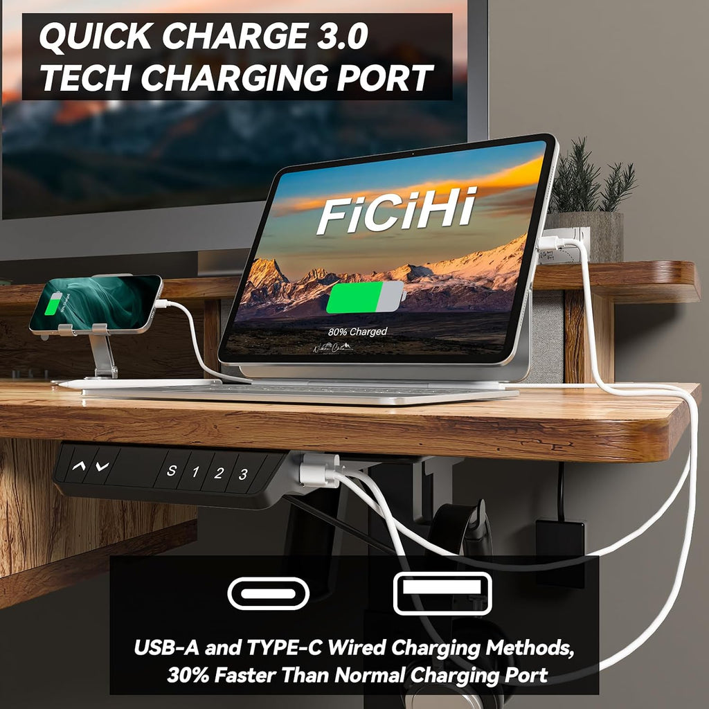 FiCiHi Adjustable Height Standing Desk with 4 Drawers,55 x 30 inches Electric Sit Stand Home Office Desk with Two Tiers, 3 Memory Presets, Monitor Stand Riser, USB A/C Charging Port