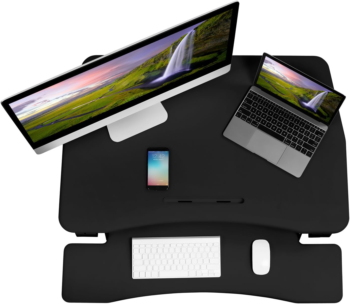 Mount-It! 35.5' Standing Desk Converter with Keyboard Tray – Adjustable Sit Stand Desk Riser for Dual Monitors – Dual Gas Spring Height Adjustable Desktop Workstation Topper – Black