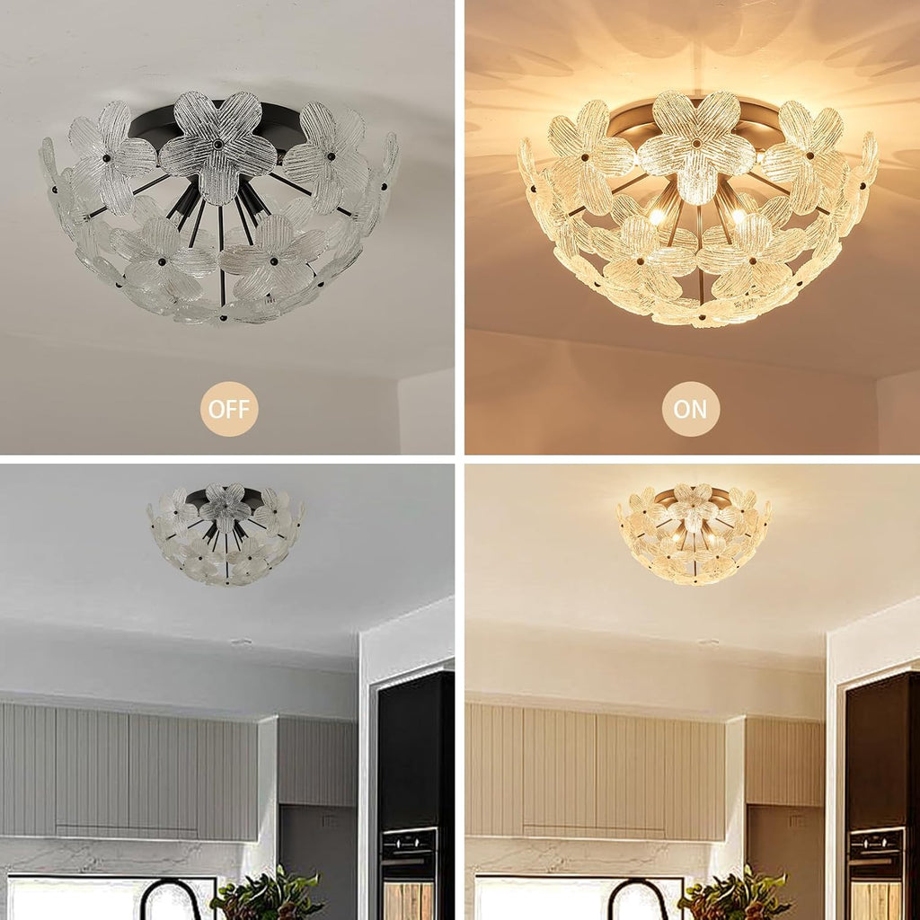 18.5' Black Semi Flush Mount Ceiling Light Fixture, Modern Flower Ceiling Light Fixture Glass Chandelier for Bedroom Bathroom Closet Entryway Foyer Hallway
