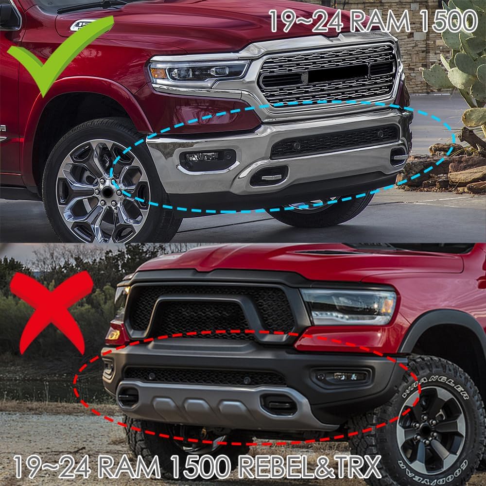 Stay-Tuned, Unpainted Black ABS Plastic Front Bumper Lip Spoiler Body Kit, Fit for 2019-2024 Dodge Ram 1500, Auto Exterior Accessory, 3PC (Without Light)