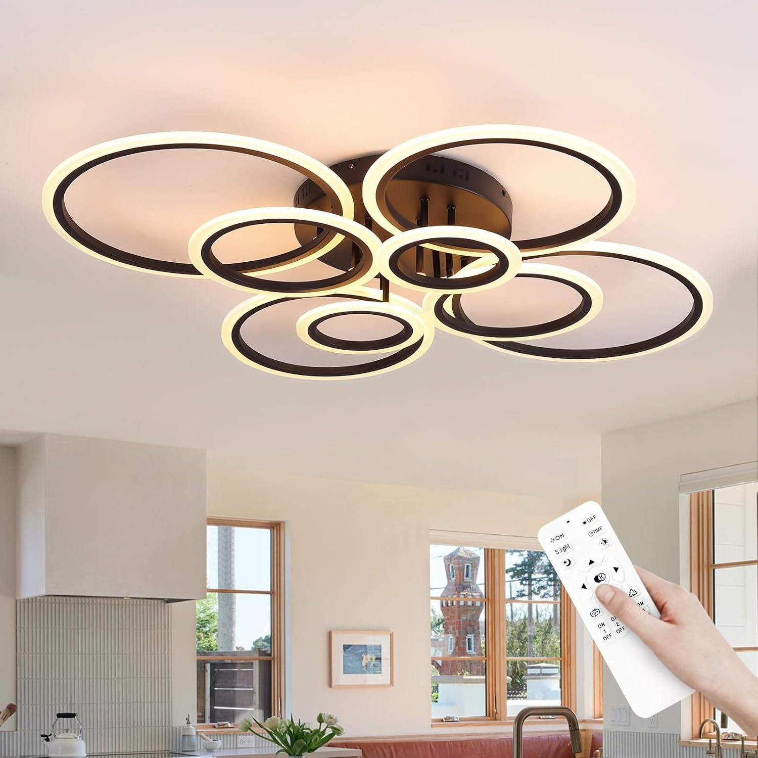 Modern Ceiling Light Fixture, 8 Rings Dimmable Flush Mount Ceiling Light with Remote, Acrylic Close to Ceiling Lighting Fixture for Living Room Bedroom Kitchen (Black, 8 Heads)