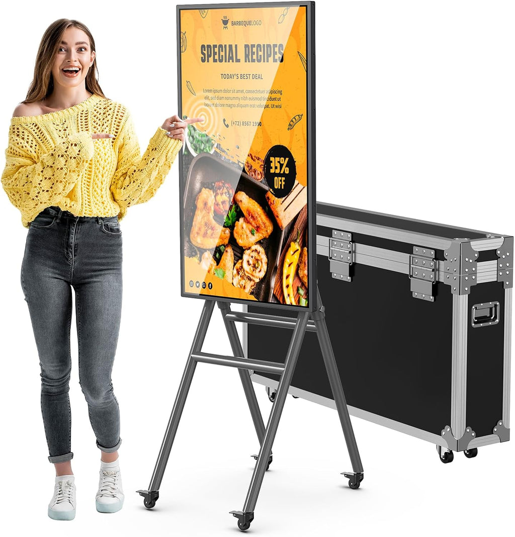MWE 43 Inch Mobile Digital Signage Display Touchscreen Kiosk with Flight Case, Portable LCD Screen with Screen Mirroring App Publishing, Advertising Display Poster, Android OS