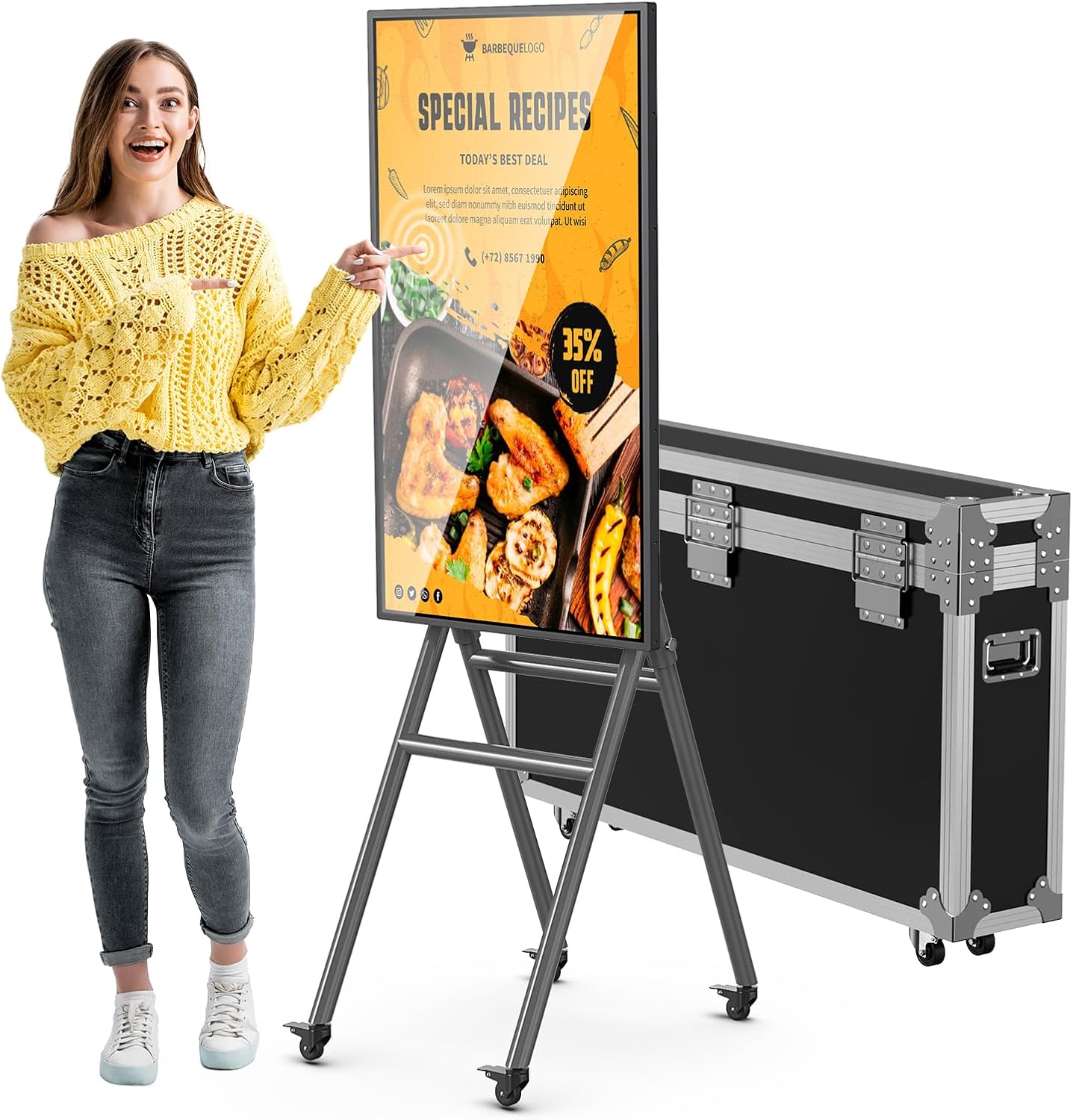 MWE 43 Inch Mobile Digital Signage Display Touchscreen Kiosk with Flight Case, Portable LCD Screen with Screen Mirroring App Publishing, Advertising Display Poster, Android OS