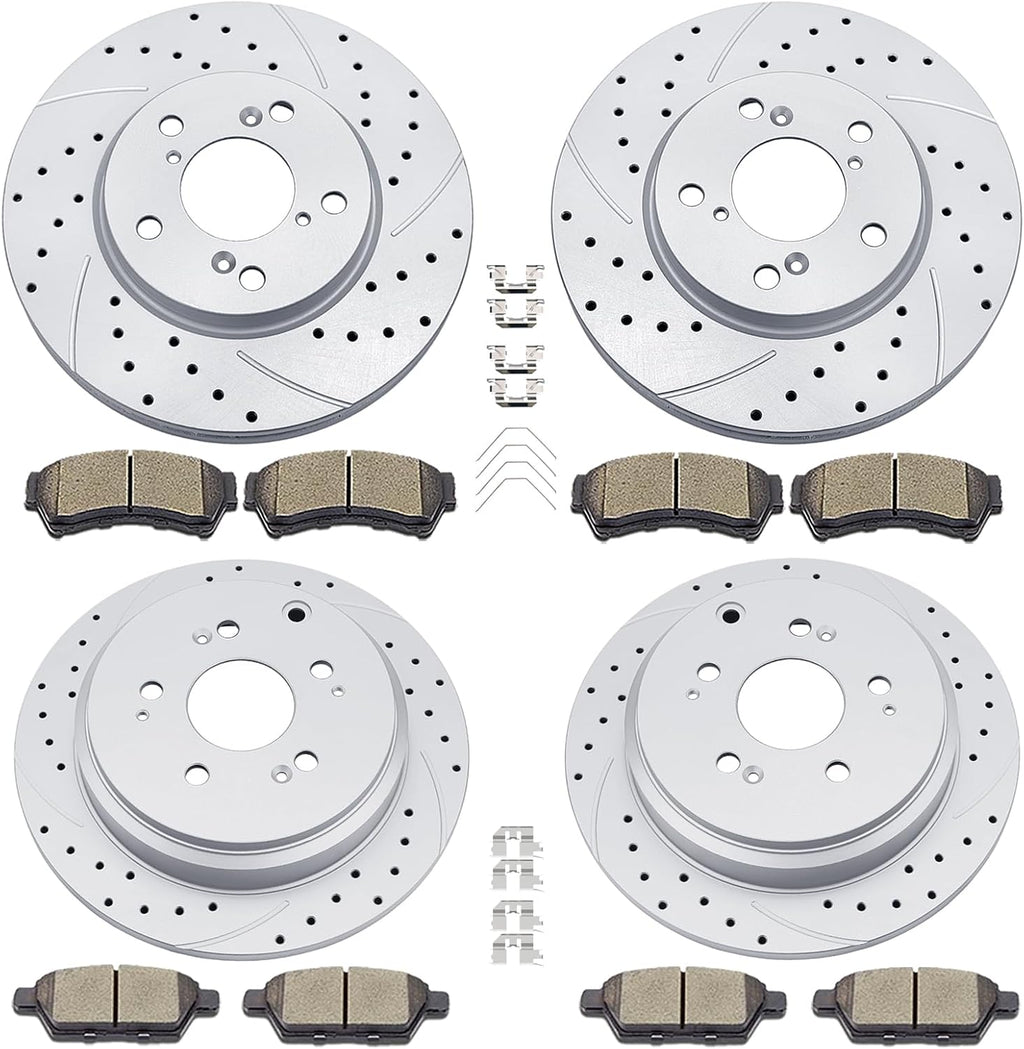Front and Rear Disc Rotors Ceramic Brake Pads Drilled and Slotted Brake Kit Replacement for Honda Odyssey 2005-2010