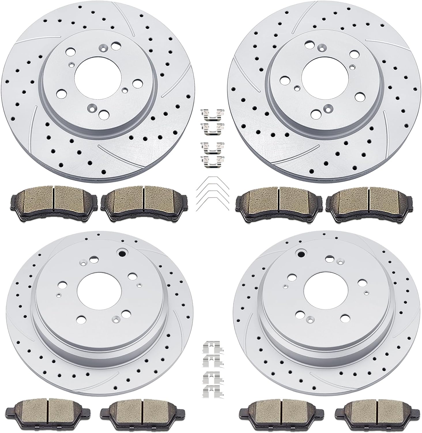 Front and Rear Disc Rotors Ceramic Brake Pads Drilled and Slotted Brake Kit Replacement for Honda Odyssey 2005-2010