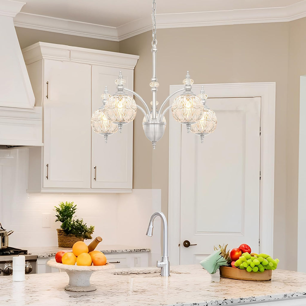Vintage Brushed Nickel Chandelier - Adjustable Height Dining Room Light Fixture with Handcrafted Blown Glass - 5-Light G9 Base, Ideal for Kitchen, Entryway, Enhances Luxury Home Decor for Discerning
