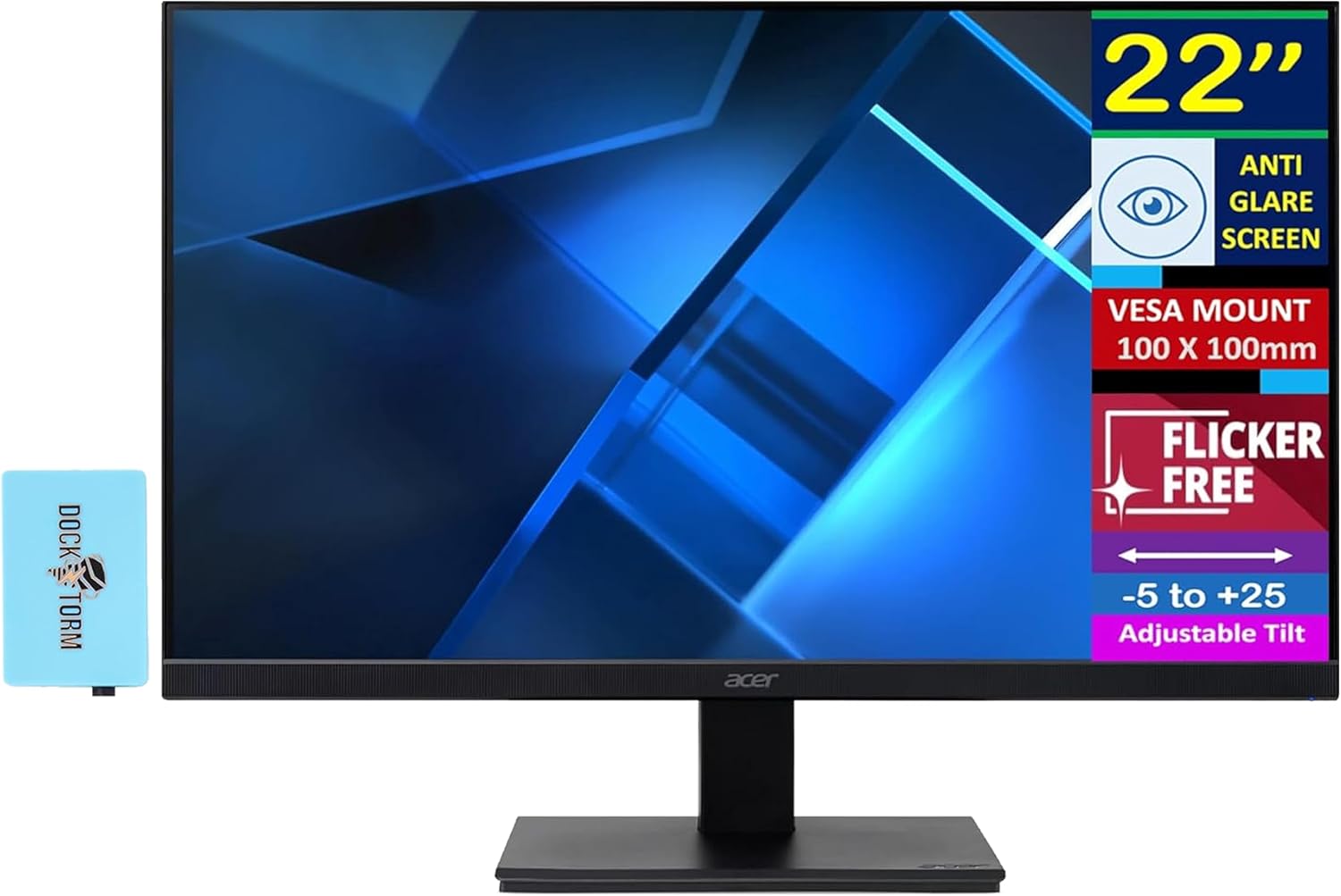 Acer Vero 22' FHD VA Monitor with 4ms Response Time, AMD FreeSync, Anti-Glare, VESA Mount (100x100mm), Low Blue Light, VGA, HDMI & Dockztorm USB Port Expander, Black Color (UM.WV7AA.H01)