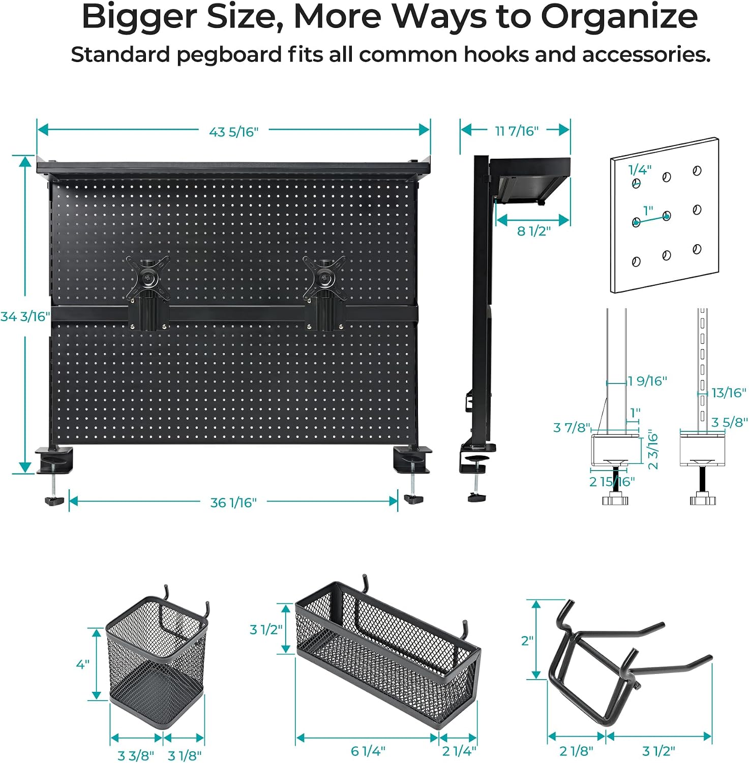 EUREKA ERGONOMIC Metal Pegboard, 43x34inch Clam on Desk Pegboard with Dual Monitor Stand, Garage Pegboard with 4 Accessories, Desk Shelves for Tool organizer, Office, Gaming Desk, Workbench, Black